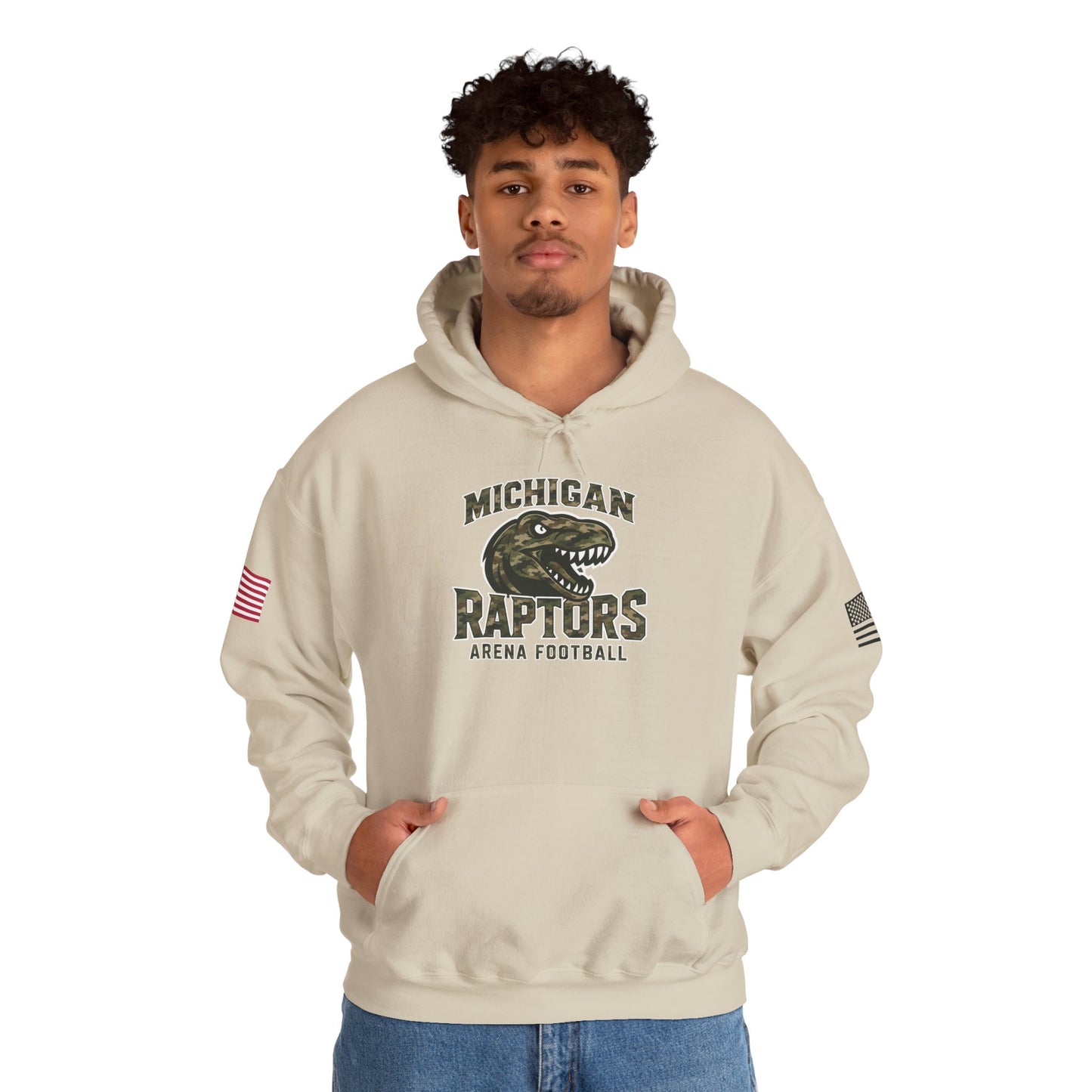Michigan Raptors Arena Football Hoodie — Vintage Raptor Logo, USA Flag Sleeve