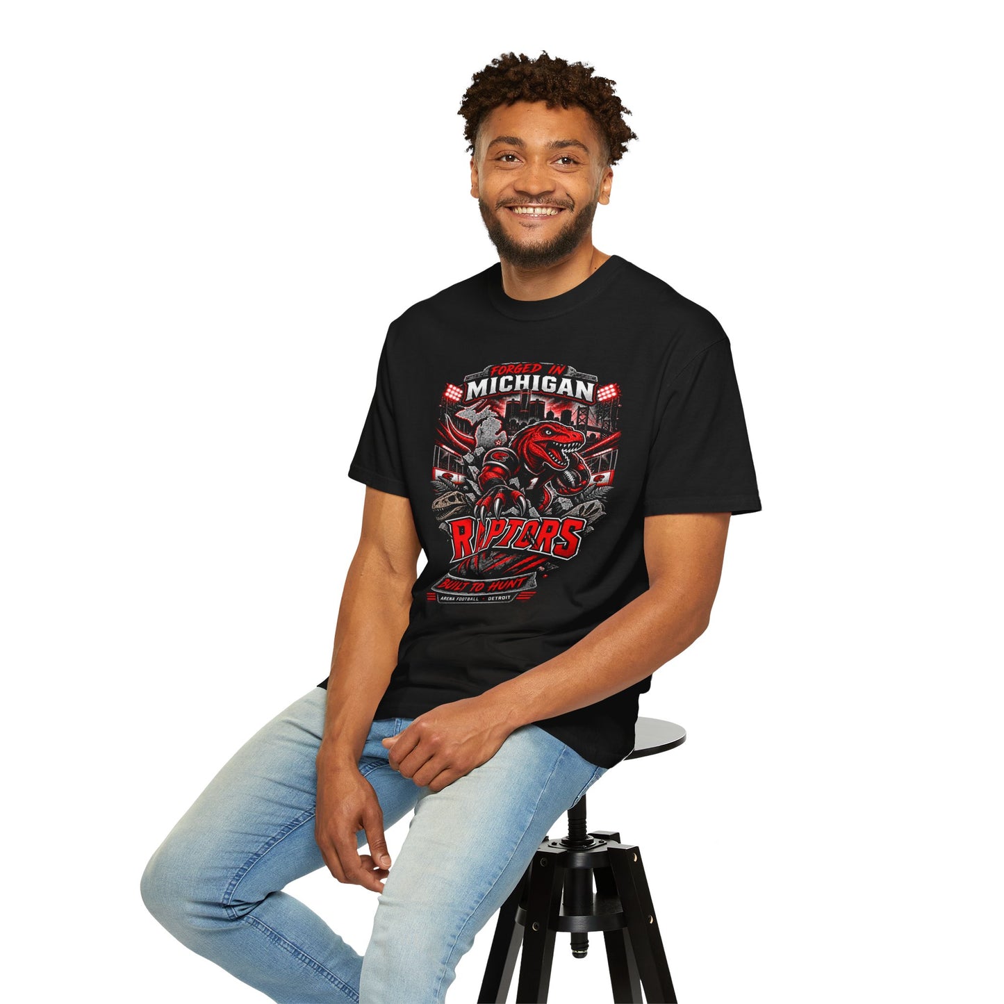 Michigan Raptors T-Shirt — Bold Red Dinosaur Sports Tee