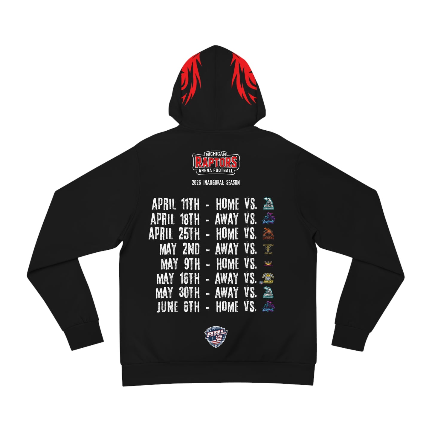 Raptors Arena Football Schedule Hoodie — Red Dino Team Logo