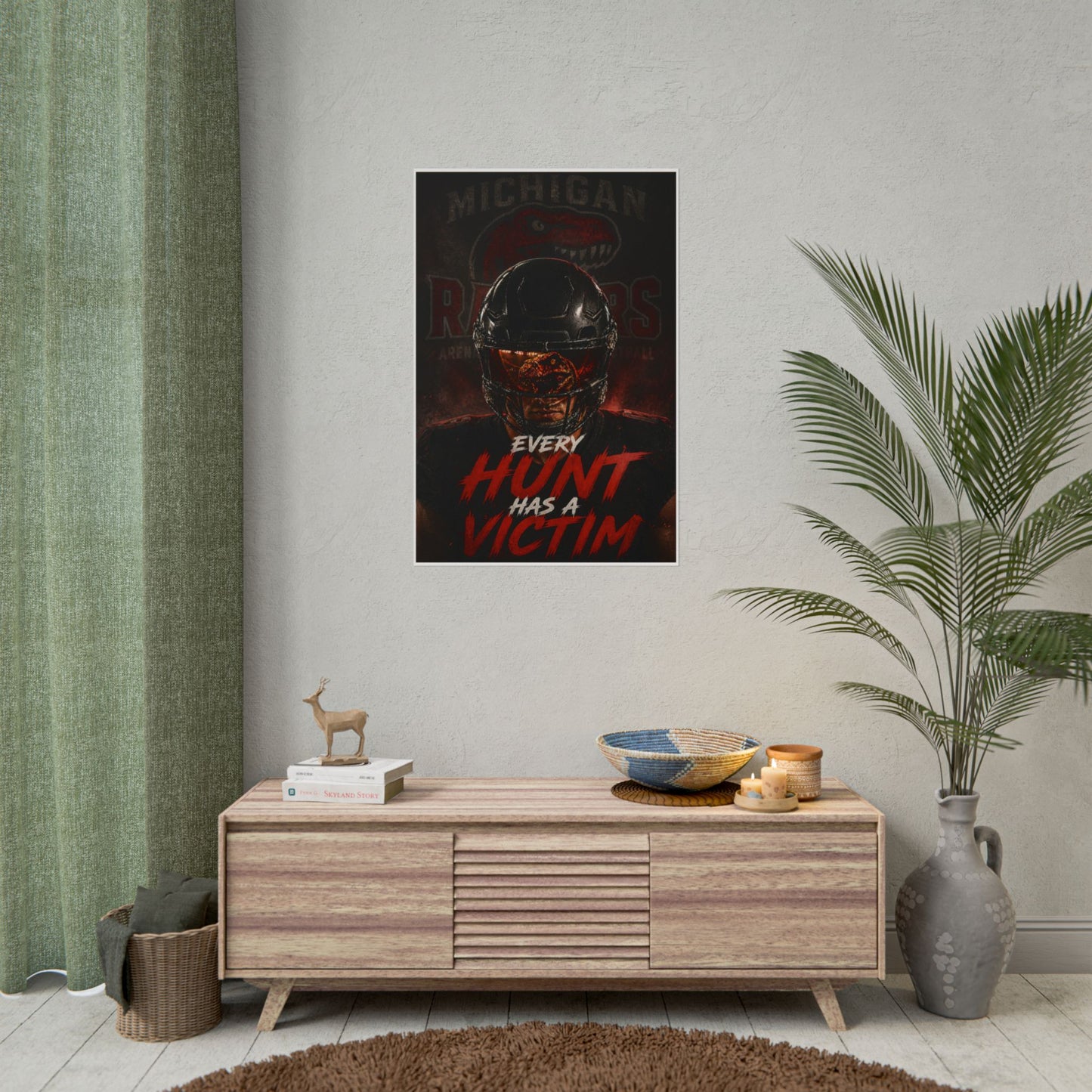 Every Hunt Has a Victim Football Poster — Michigan Raiders Helmet Wall Art (Rolled Poster)