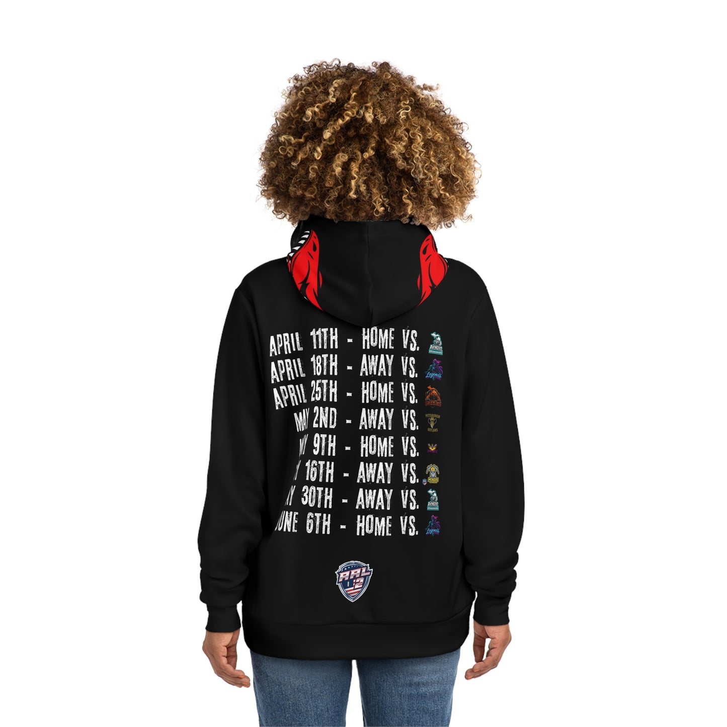 Raptors Arena Football Schedule Hoodie — Red Dino Team Logo