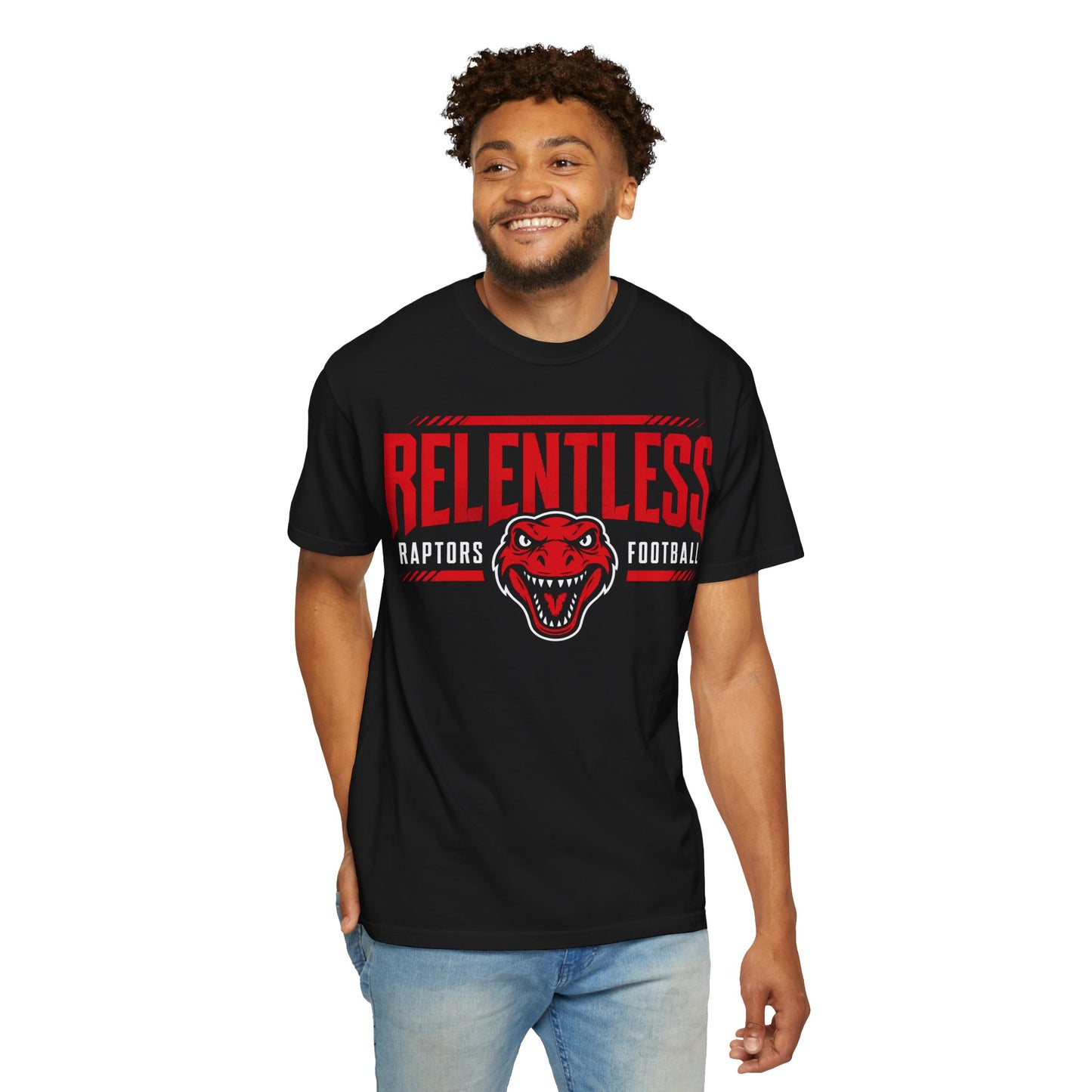 Relentless Raptors Football T-Shirt — Red Dino Logo “Let’s Hunt!” Game Day Tee