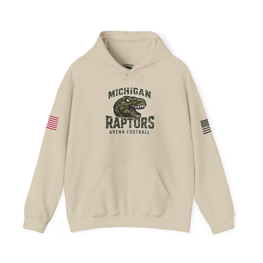 Michigan Raptors Arena Football Hoodie — Vintage Raptor Logo, USA Flag Sleeve