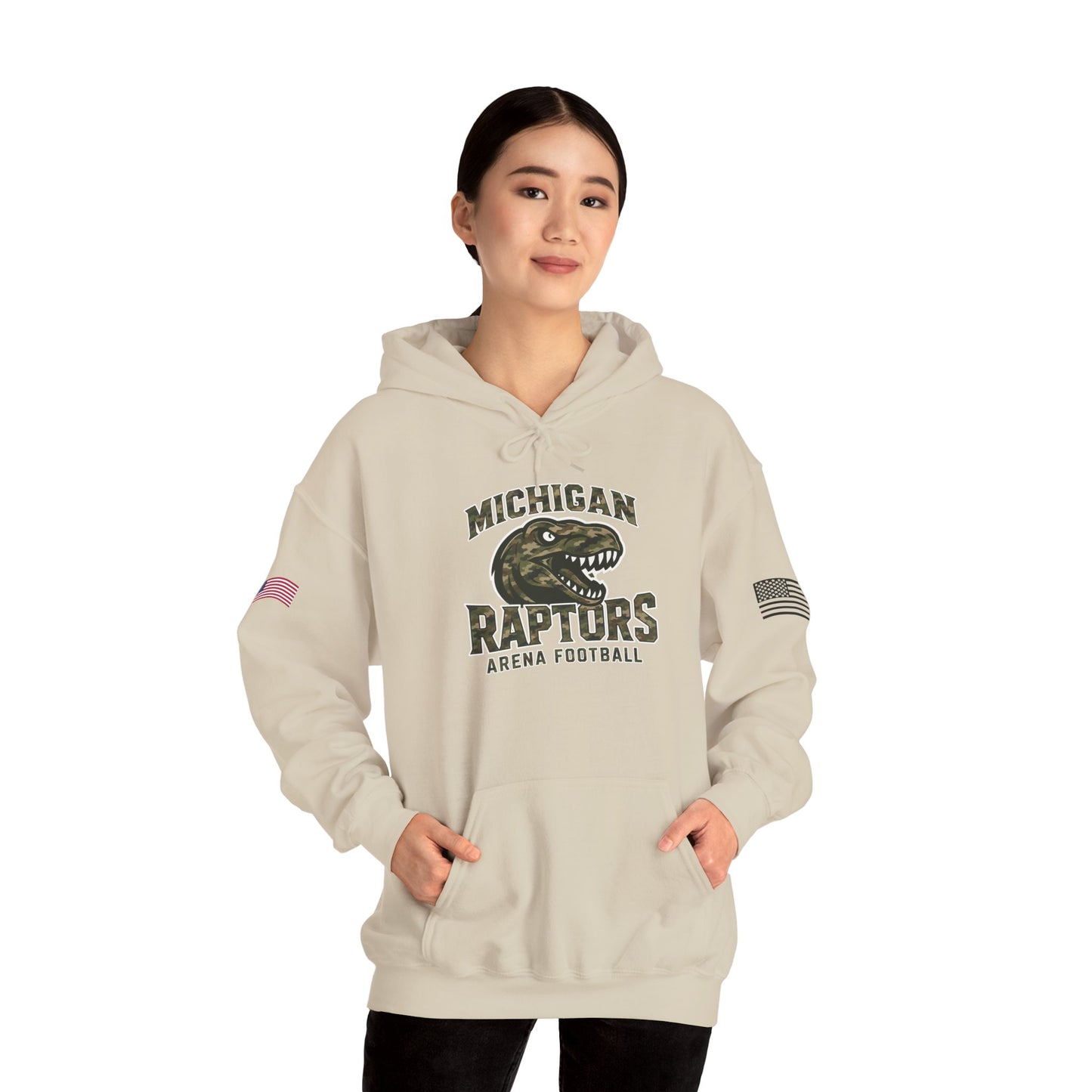 Michigan Raptors Arena Football Hoodie — Vintage Raptor Logo, USA Flag Sleeve