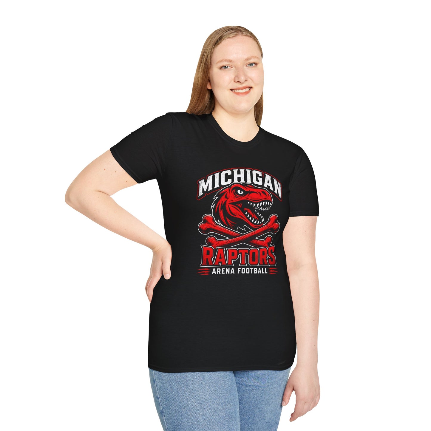 Michigan Raptors T‑Shirt — Red Dino Mascot Arena Football Tee
