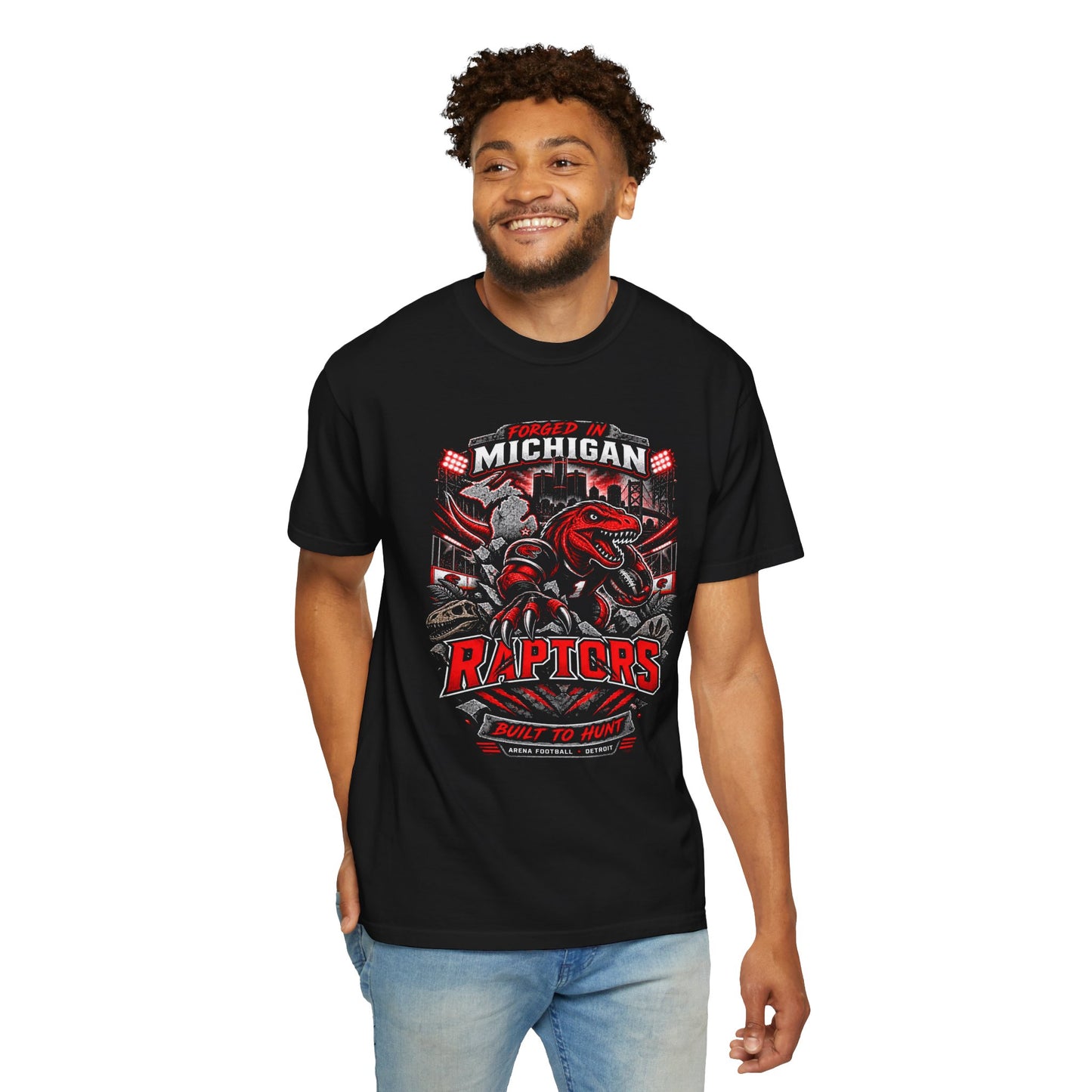 Michigan Raptors T-Shirt — Bold Red Dinosaur Sports Tee