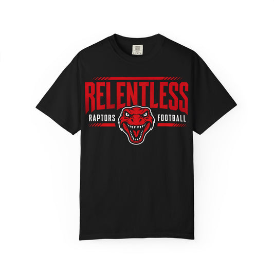 Relentless Raptors Football T-Shirt — Red Dino Logo “Let’s Hunt!” Game Day Tee