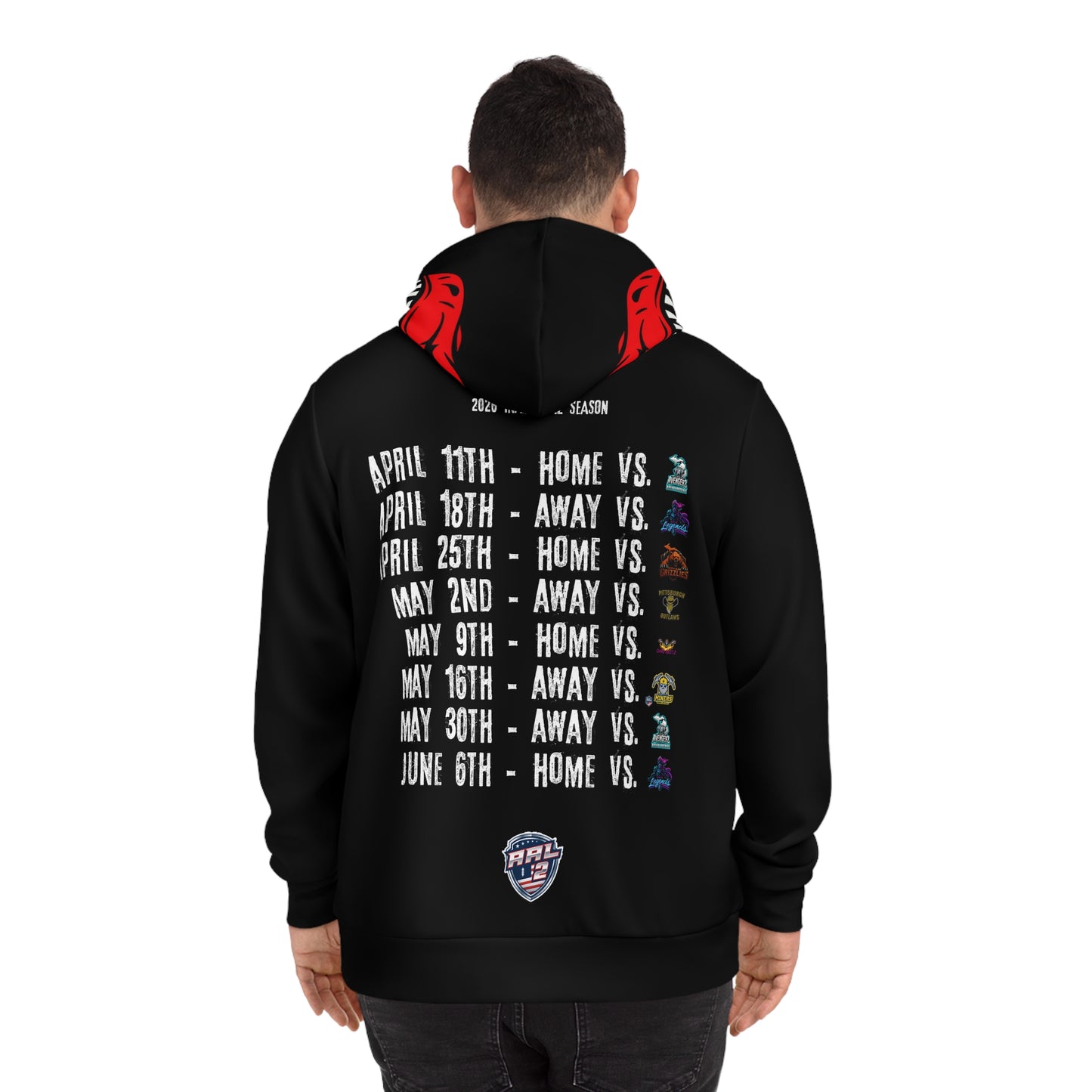 Raptors Arena Football Schedule Hoodie — Red Dino Team Logo