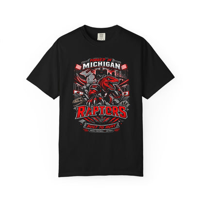 Michigan Raptors T-Shirt — Bold Red Dinosaur Sports Tee