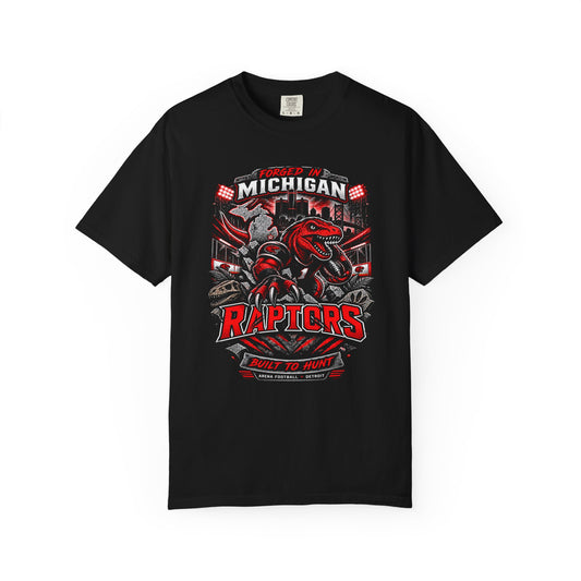 Michigan Raptors T-Shirt — Bold Red Dinosaur Sports Tee